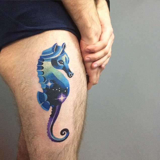 Seahorse with a cosmic landscape on the right upper thigh by sasha unisex