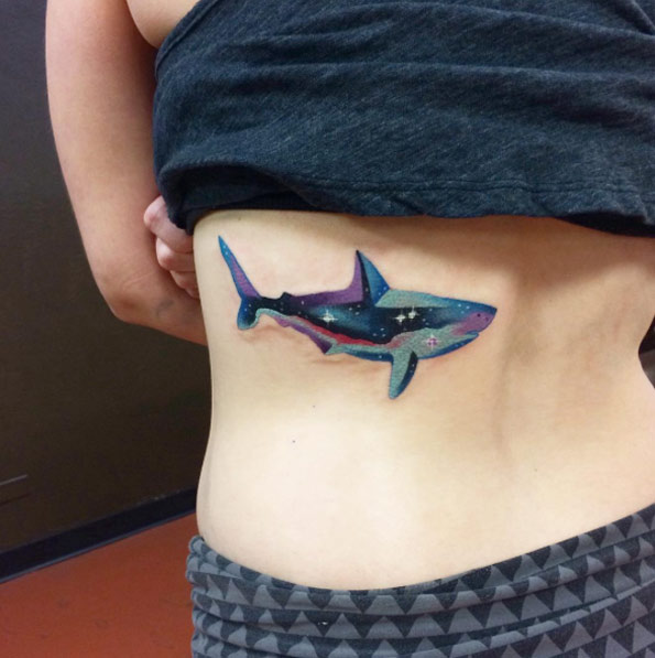 Space landscape shark tattoo on the left side of the back by blayne bius