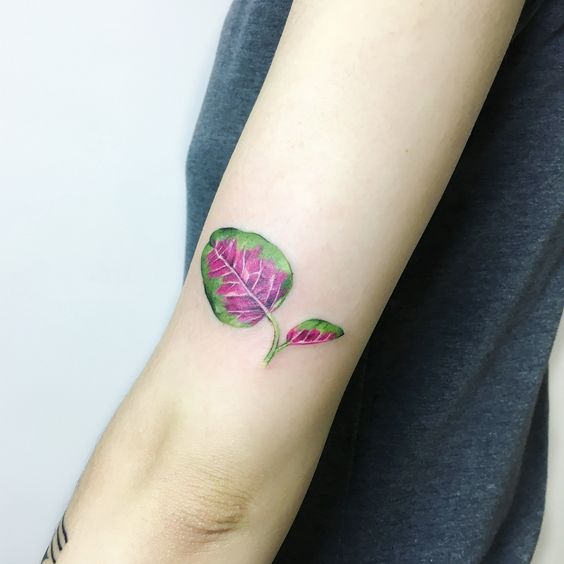 Spinach leaf tattoo on the left upper arm