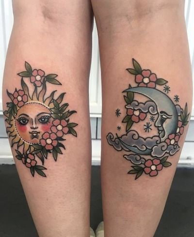 Sun and moon in flowers tattoo on both calves