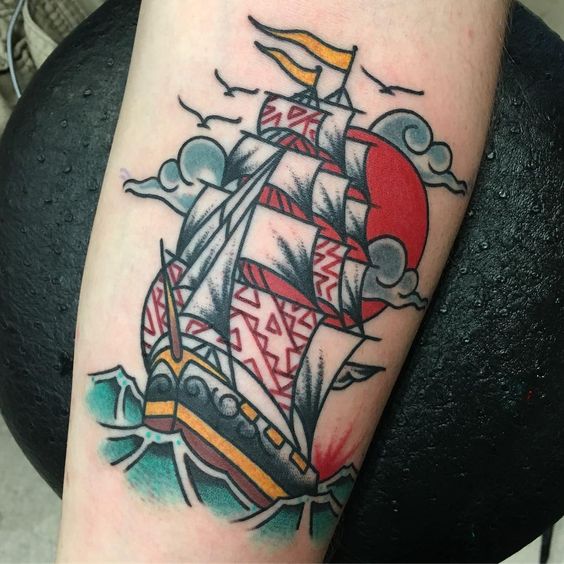 Three masted barque ship tattoo by drew cottom