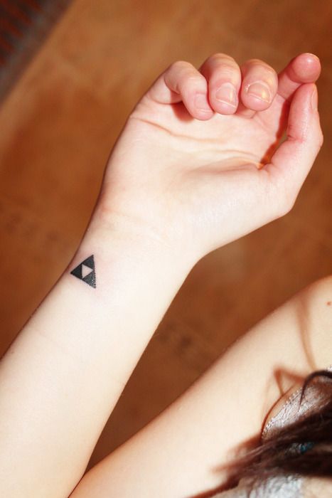 Tiny black triforce tattoo on the right inner wrist