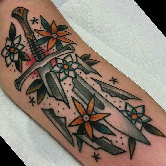Traditional broken sword tattoo