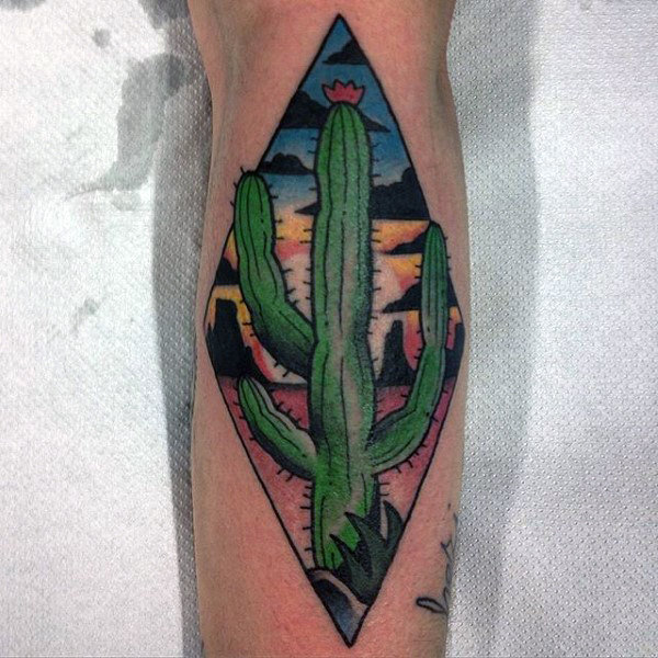 Traditional green cactus tattoo in a rhombus