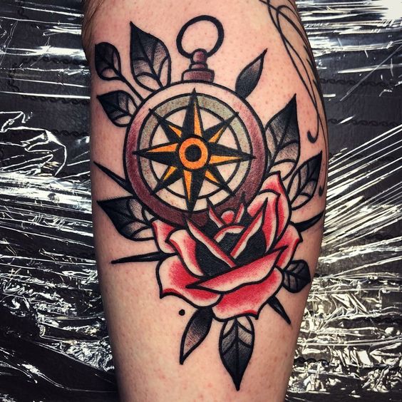 Traditional rose and compass tattoo