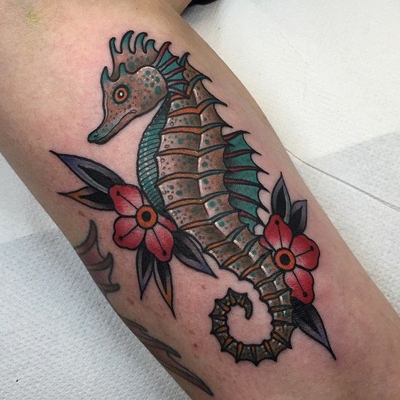 Traditional seahorse tattoo by jean le roux