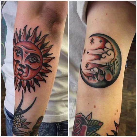 Traditional style moon and sun faces tattoos on the arms