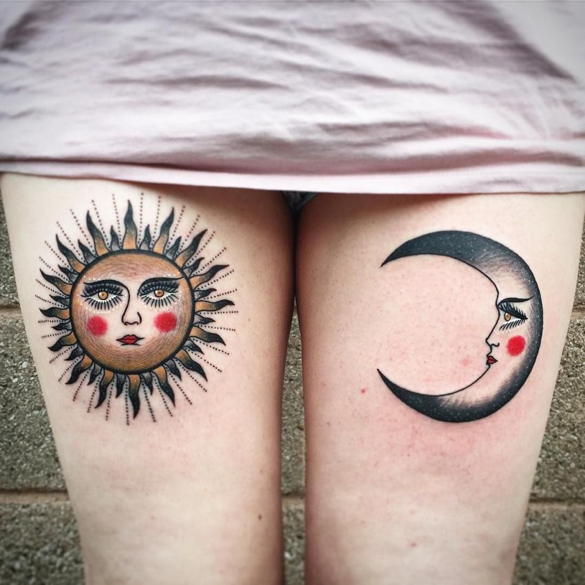 Traditional sun and moon tattoos on both thighs