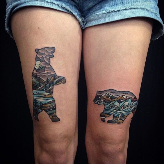 Two bear tattoos on both thighs