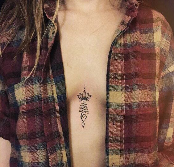 Unalome and lotus flower tattoo on the breastbone