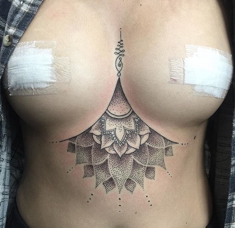 Unalome lotus flower and mandala sternum tattoo