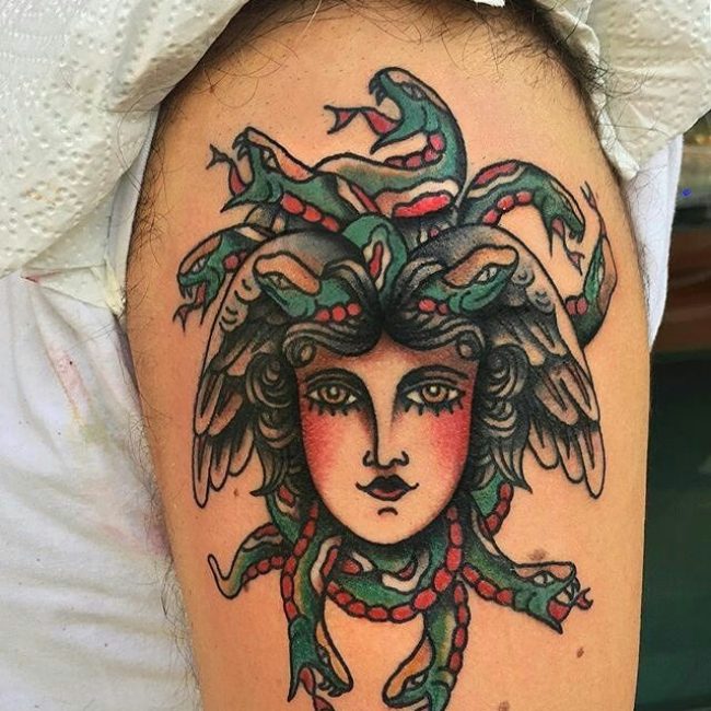 Another old school medusa tattoo on the calf
