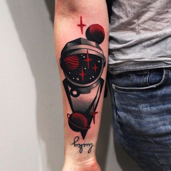 Black and red astronaut helmet tattoo with the planets around