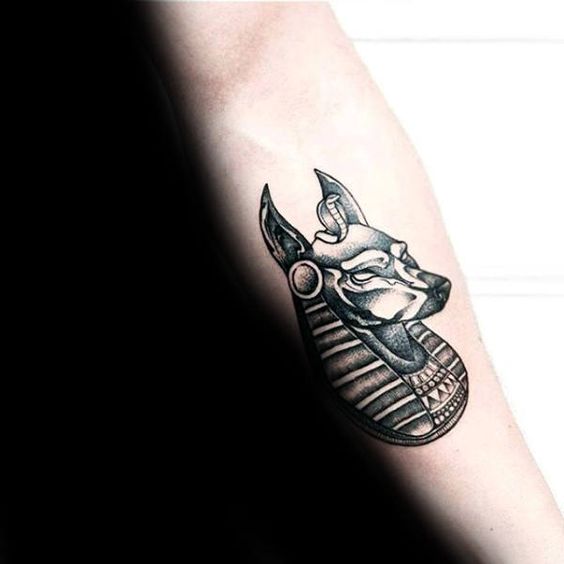 Black anubis tattoo on the arm