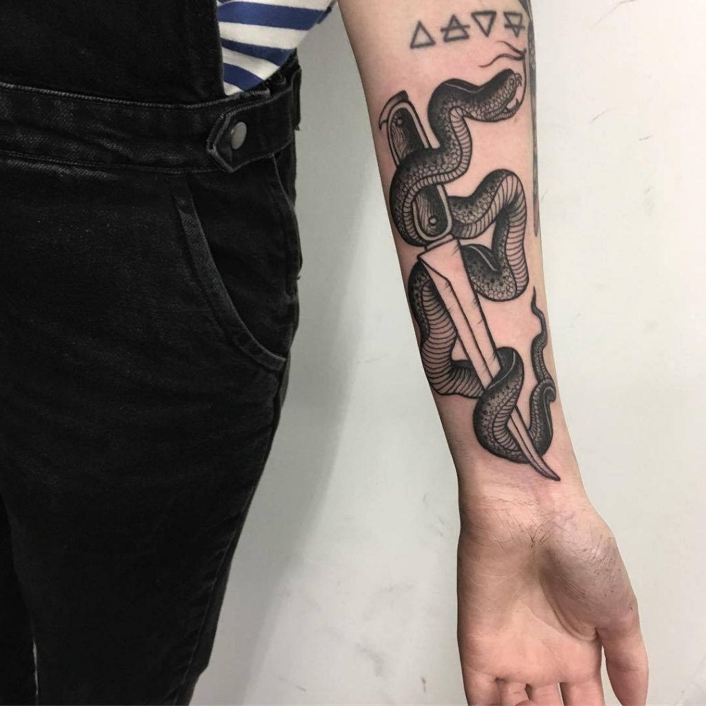 Black knife and snake tattoo by scott move