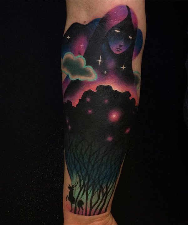 Colorful mystical forest tattoo