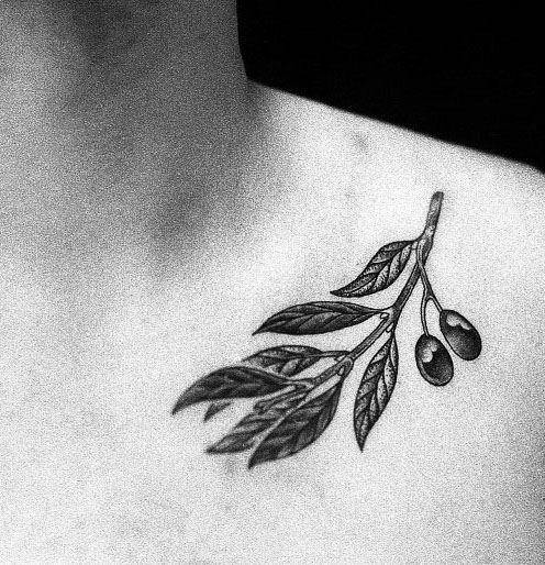 Dot work style beautiful olive twig on the clavicle bone