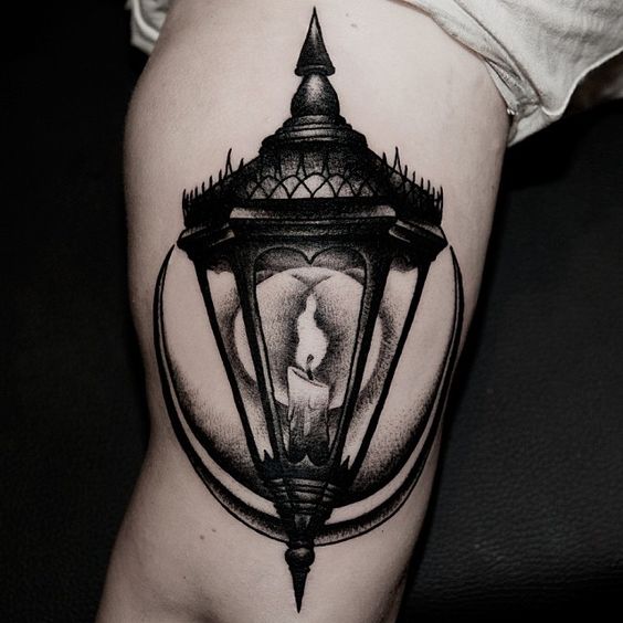 Dotwork lantern and crescent moon tattoo