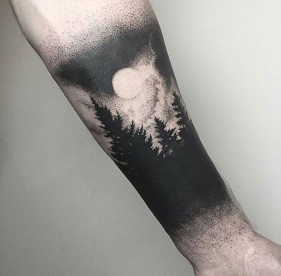 Dotwork negative space woods and moon tattoo