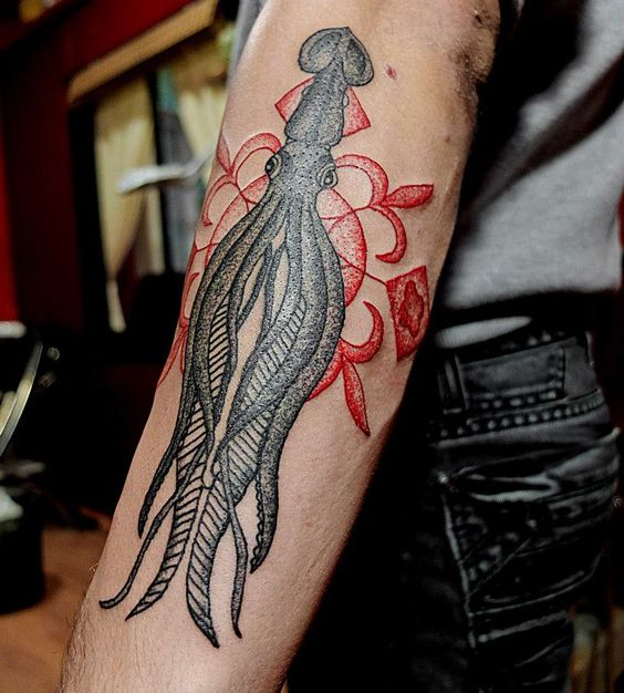 Dotwork squid with red ornament in the background