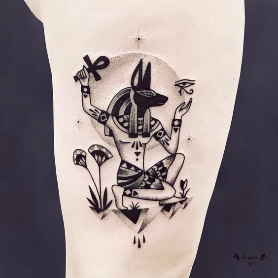 Dotwork tattoo of ankh, eye of horus and anubis