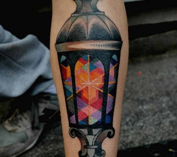 Geometric colorful lantern tattoo by marcin aleksander surowiec