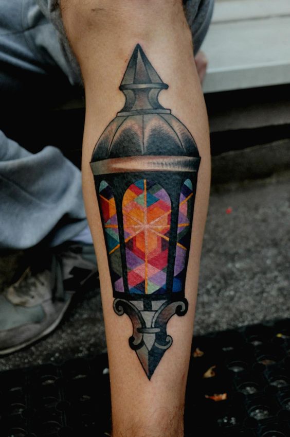 Geometric colorful lantern tattoo by marcin aleksander surowiec