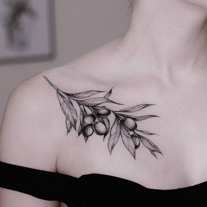 Gorgeous black olive branch collarbone tattoo