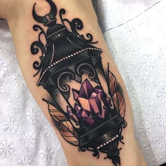 Lantern with violet crystals tattoo