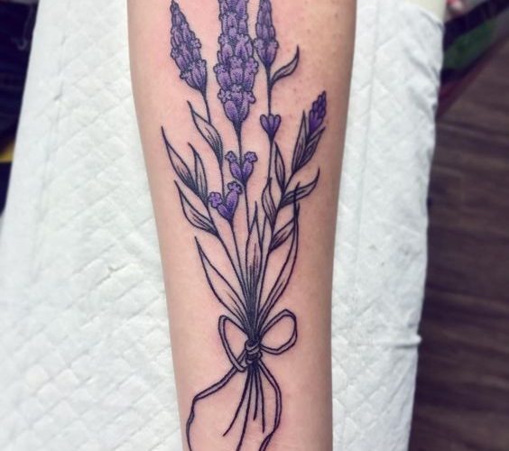 Lavender bundle tattoo on the forearm