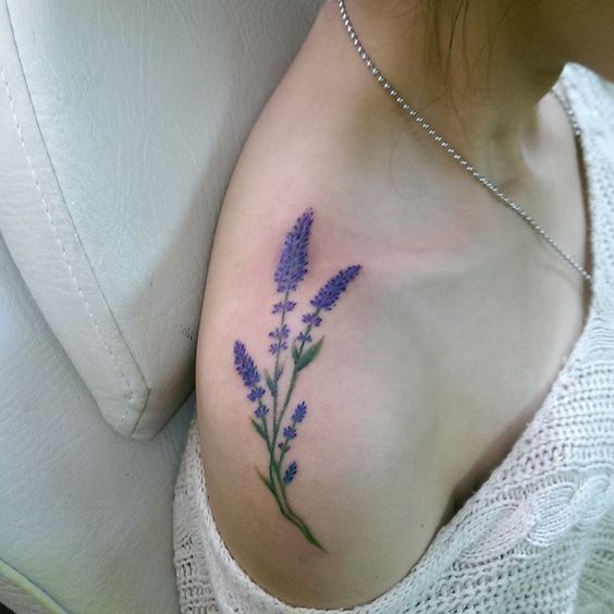 Lavender tattoo on the right shoulder