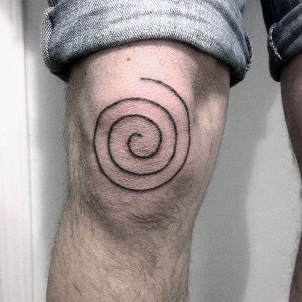 Minimal black spiral tattoo on the knee
