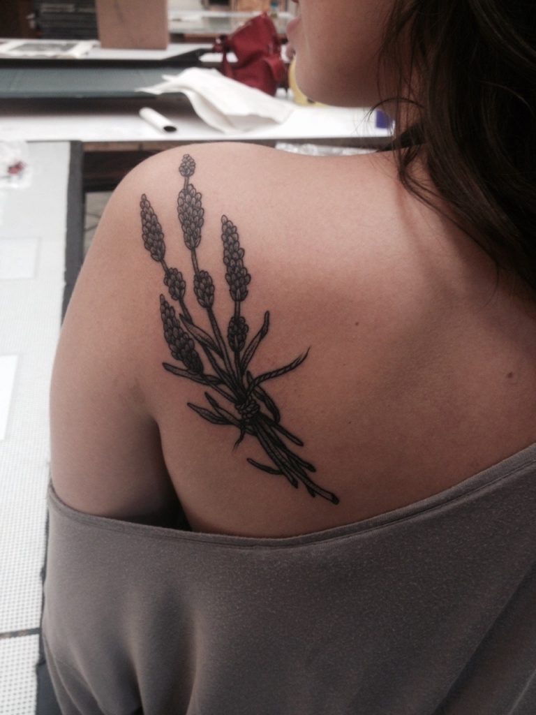 Monochrome black lavender bundle tattoo on the left shoudler blade by emi holler