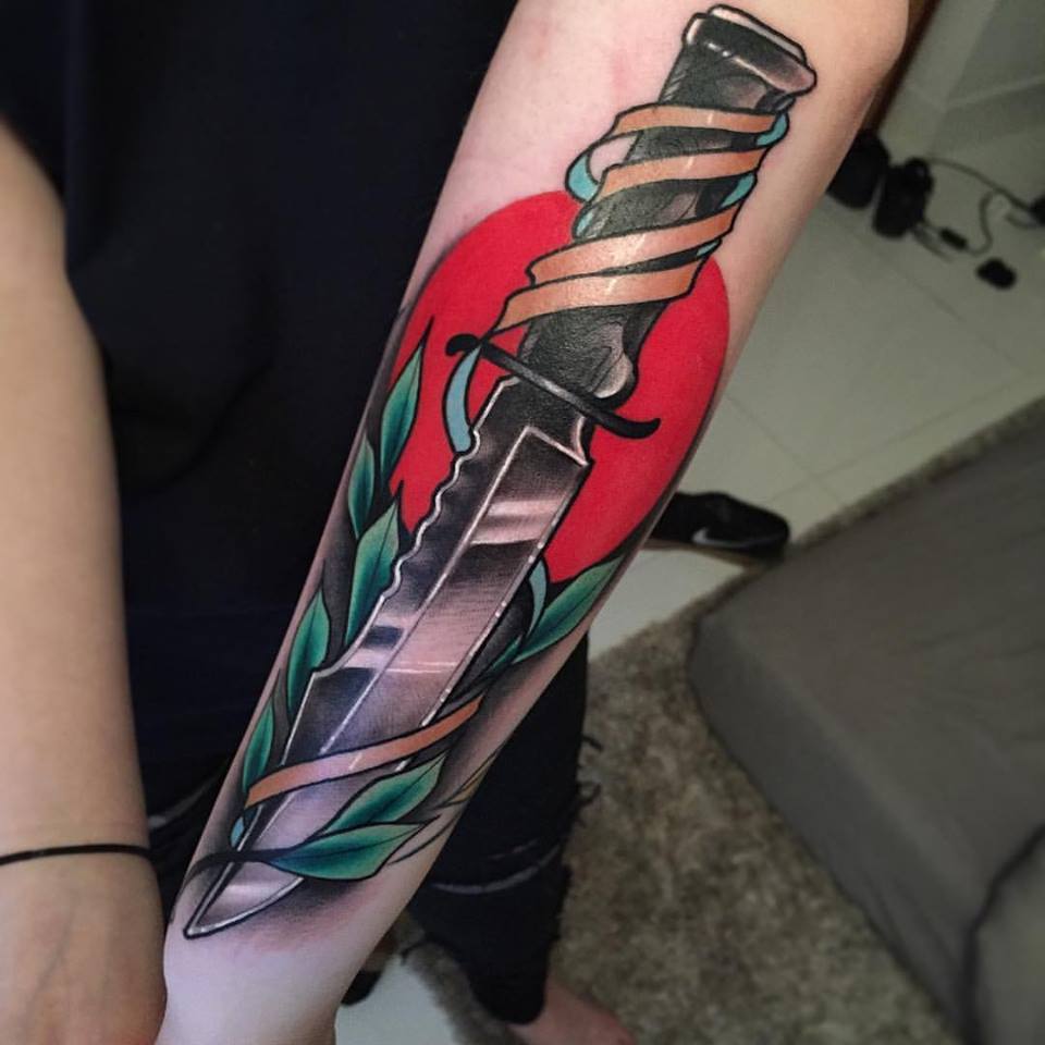 Neo traditional boot knife tattoo and a blood moon