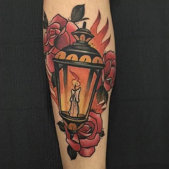 Neo traditional lantern and roses tattoo