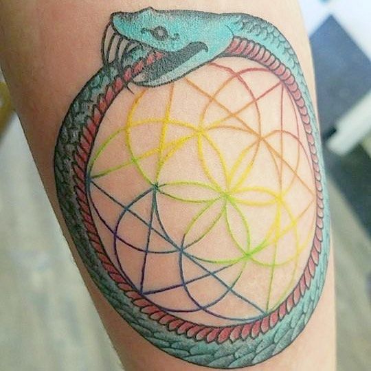 Ouroboros and colorful sacred geometry ornament tattoo