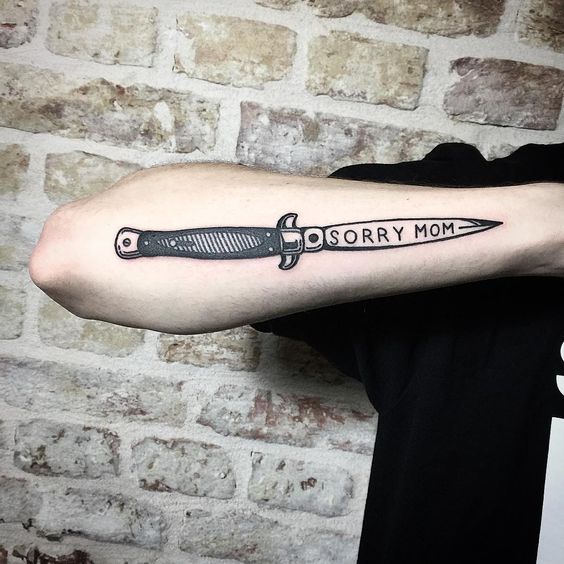 Pocket knife tattoo with an apology