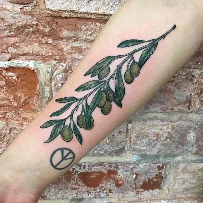 Realistic olive twig on the inner forearm