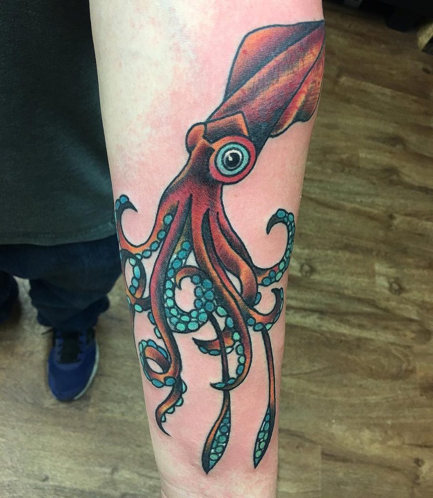 Red and blue squid tattoo by jenn matthews