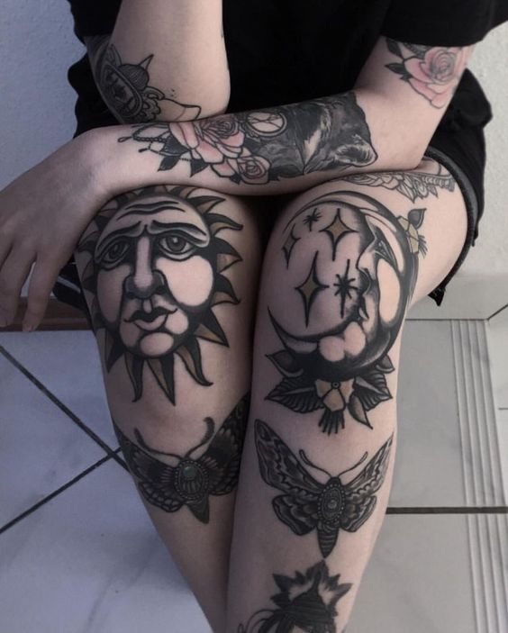 Sun and moon knee tattoos