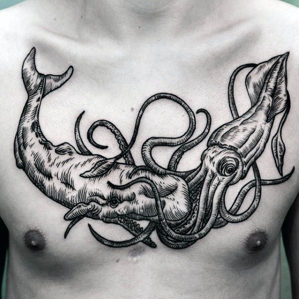 Whale and giant squid tattoo on the chest