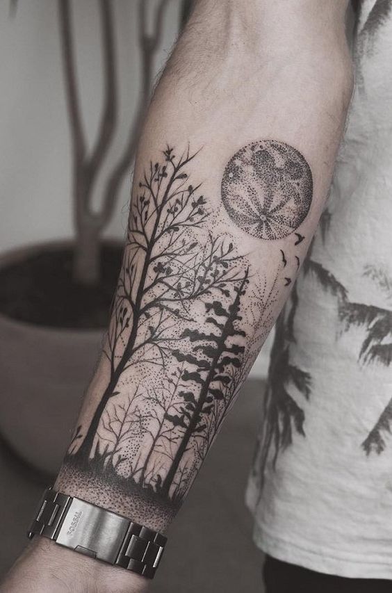 Woods and moon in dotwork style