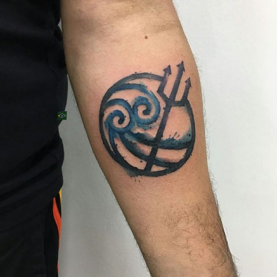 Circular trident and wave tattoo