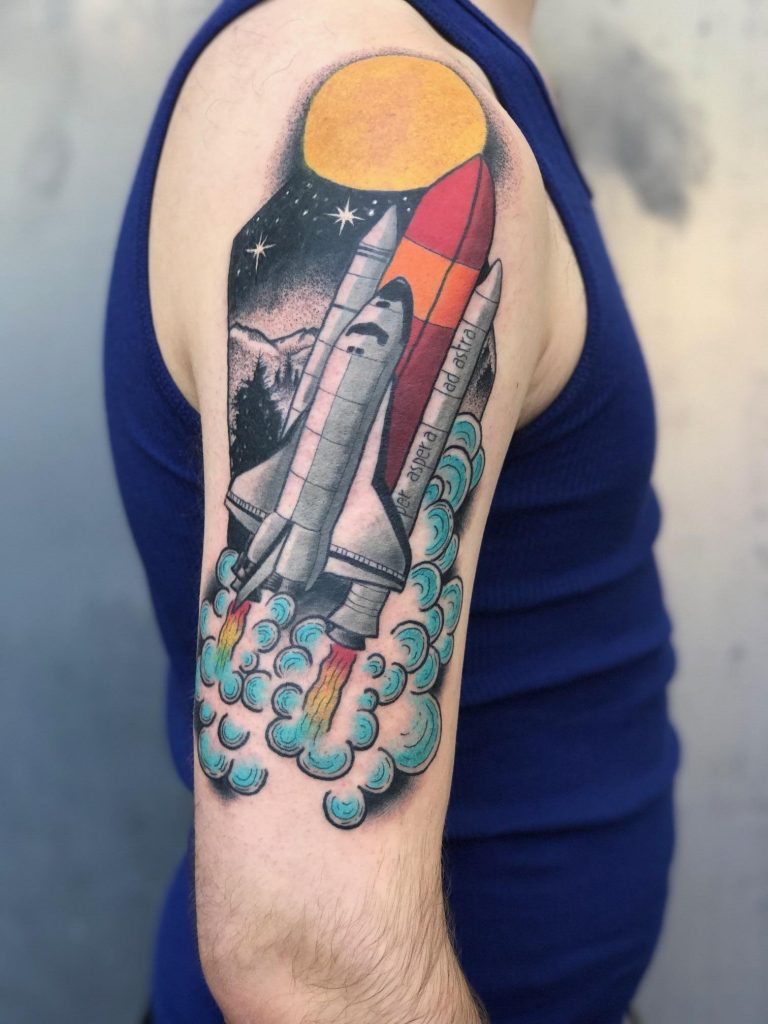 Colorful space shuttle sleeve tattoo