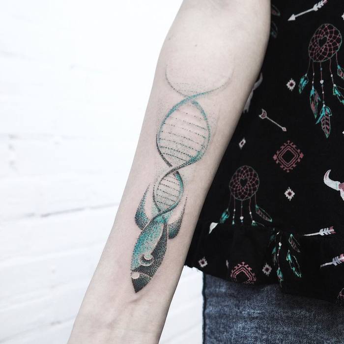 Dotwork spacecraft and dna tattoo