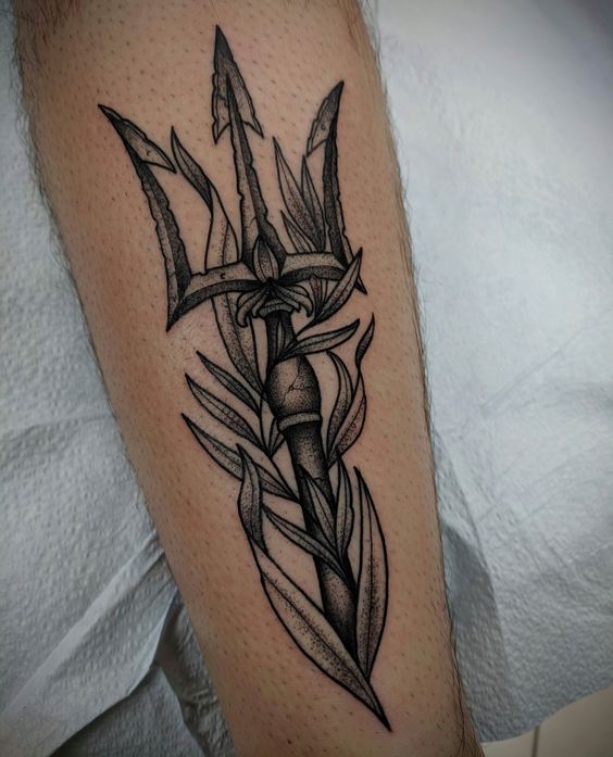 Trident and branch with leaves tattoo