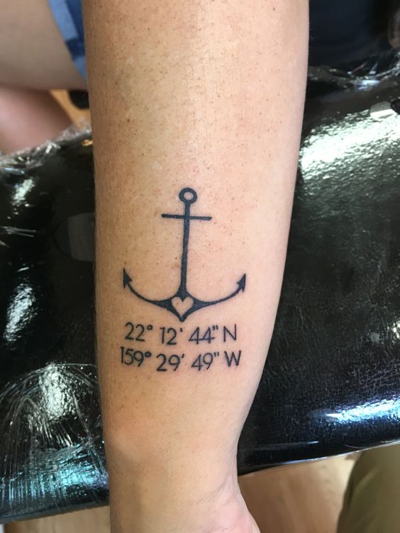 Anchor and coordinates tattoo