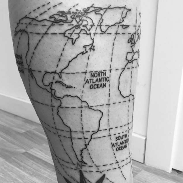 Detailed world map tattoo with longtitude and latitude lines