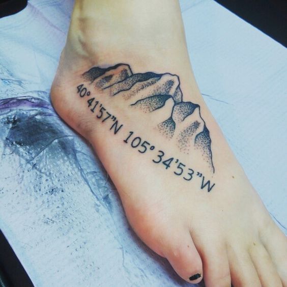 Dotwork mountain and coordinates tattoo on the right foot