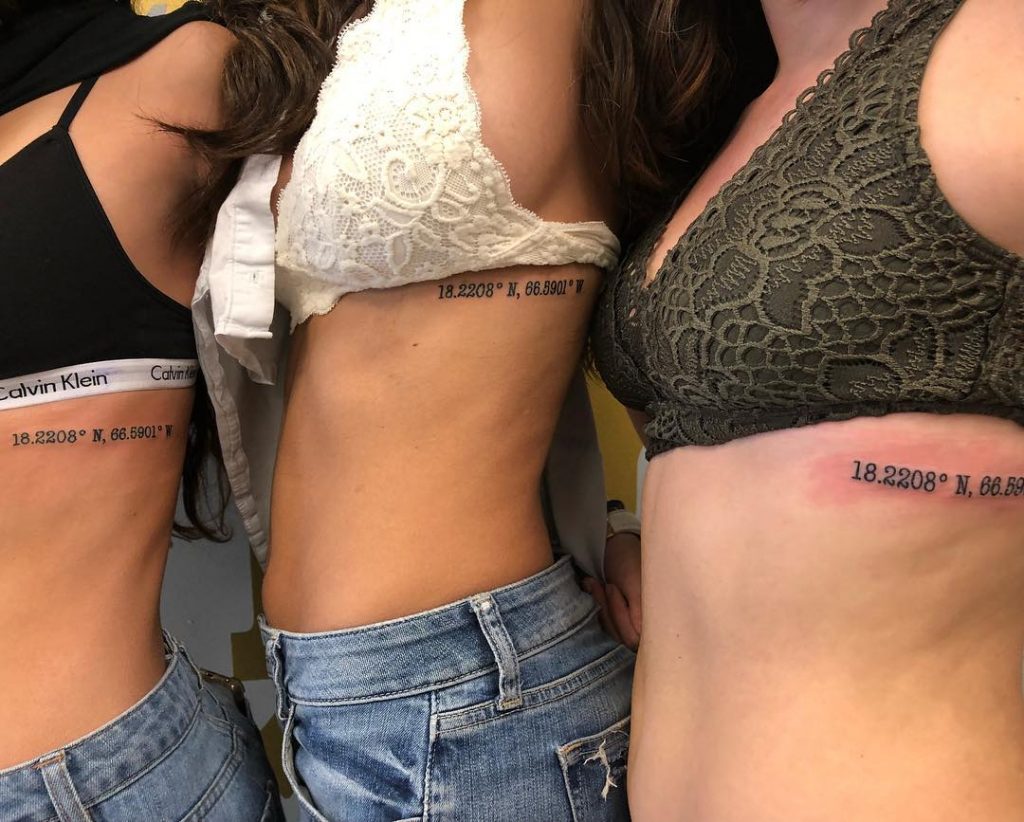 Matching coordinates tattoos for three best friends
